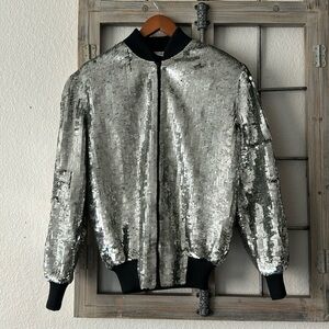 Vintage Neiman Marcus Sequin Bomber Jacket Silver Small